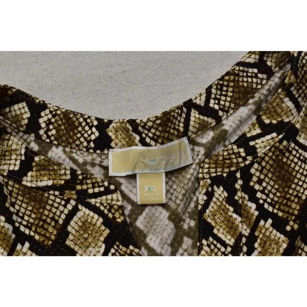 Michael Kors Women's XXL Snakeskin Print V-Neck Blouse 3/4 Sleeve with Gold Tone